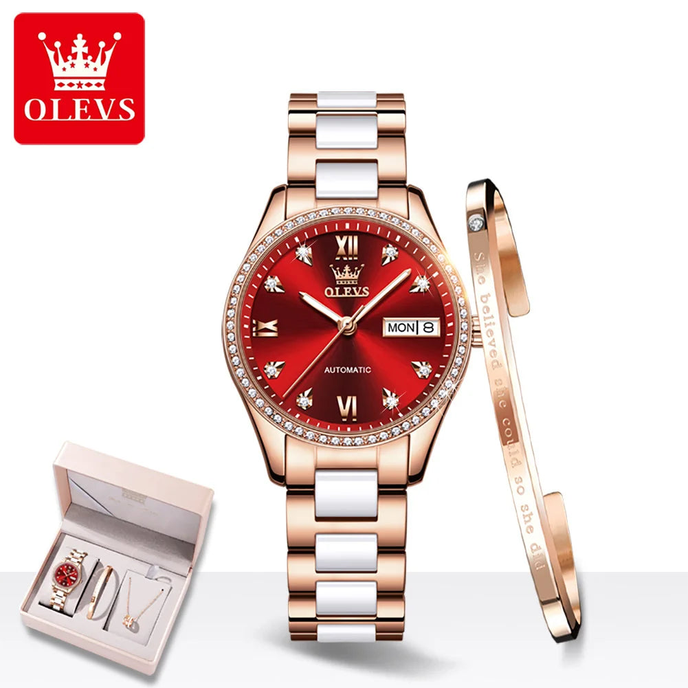 OELVS Women'S Watch Brand Luxury Rose Gold Diamond Automatic Mechanical Watch Elegant Waterproof Ceramic Strap Women'S Watch