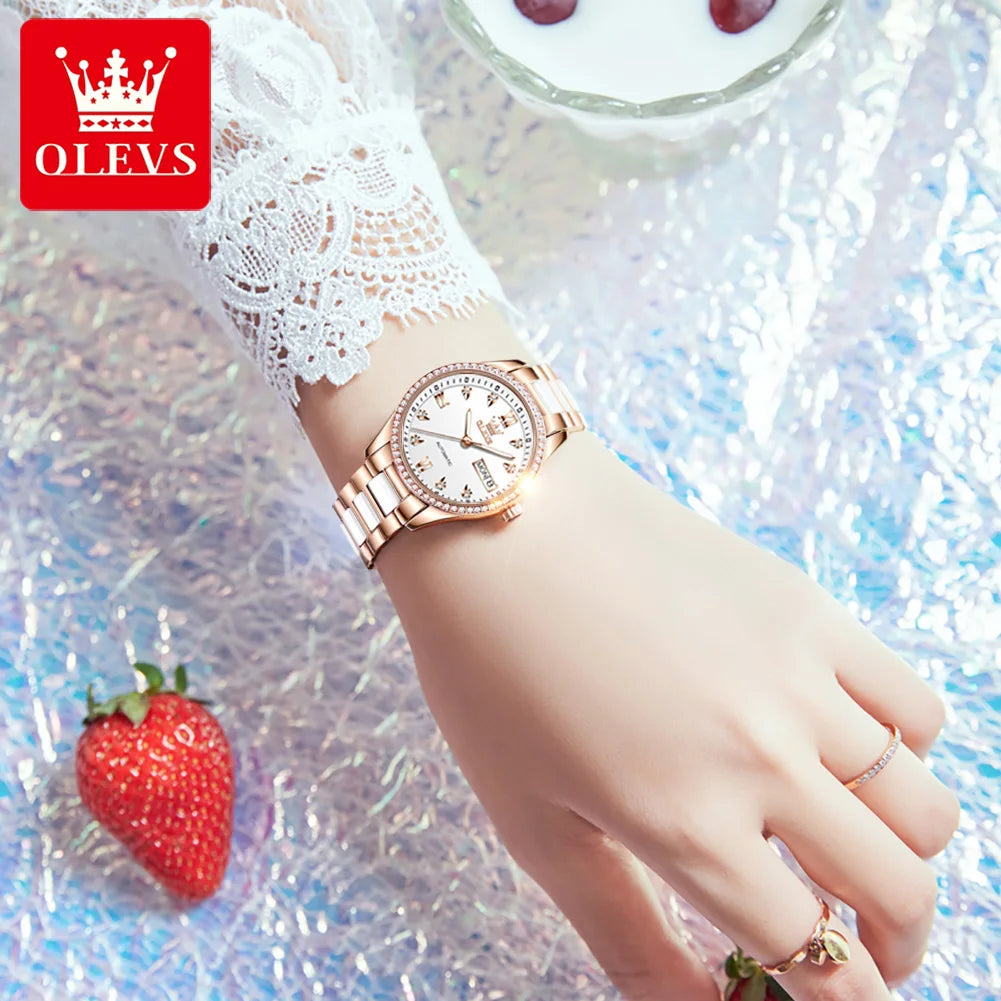 OELVS Women'S Watch Brand Luxury Rose Gold Diamond Automatic Mechanical Watch Elegant Waterproof Ceramic Strap Women'S Watch