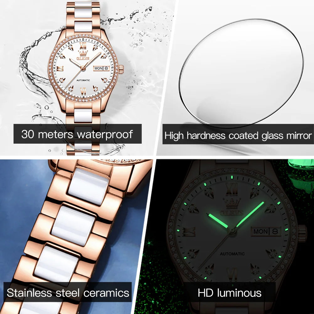 OELVS Women'S Watch Brand Luxury Rose Gold Diamond Automatic Mechanical Watch Elegant Waterproof Ceramic Strap Women'S Watch