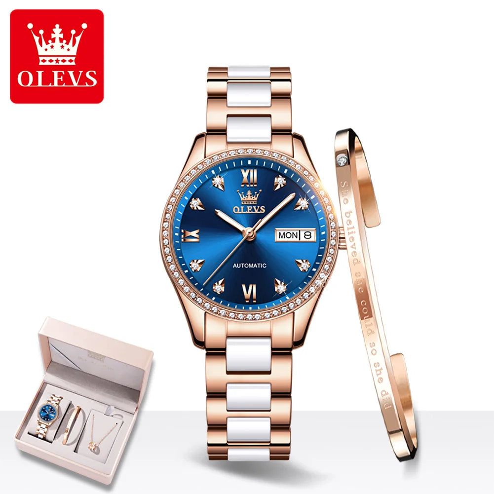 OELVS Women'S Watch Brand Luxury Rose Gold Diamond Automatic Mechanical Watch Elegant Waterproof Ceramic Strap Women'S Watch