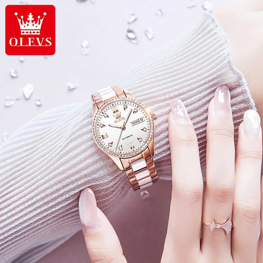 OELVS Women'S Watch Brand Luxury Rose Gold Diamond Automatic Mechanical Watch Elegant Waterproof Ceramic Strap Women'S Watch