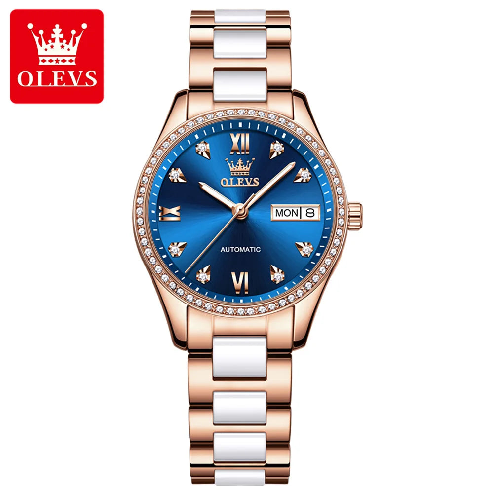 OELVS Women'S Watch Brand Luxury Rose Gold Diamond Automatic Mechanical Watch Elegant Waterproof Ceramic Strap Women'S Watch