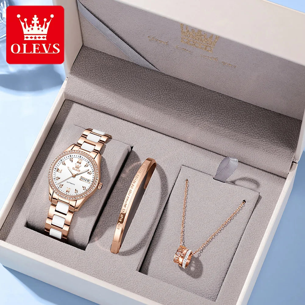 OELVS Women'S Watch Brand Luxury Rose Gold Diamond Automatic Mechanical Watch Elegant Waterproof Ceramic Strap Women'S Watch
