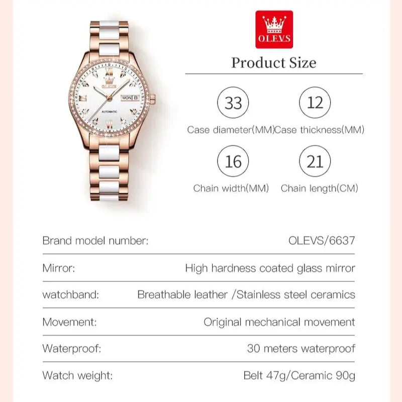 OELVS Women'S Watch Brand Luxury Rose Gold Diamond Automatic Mechanical Watch Elegant Waterproof Ceramic Strap Women'S Watch