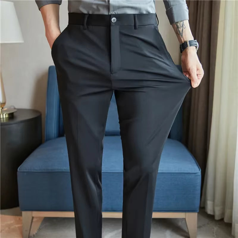 Mens Dress Pants Trousers 2025 Summer New Thin Breathable Solid Casual High Elastic Slim Fit Suit Pants Streetwear Men Clothing