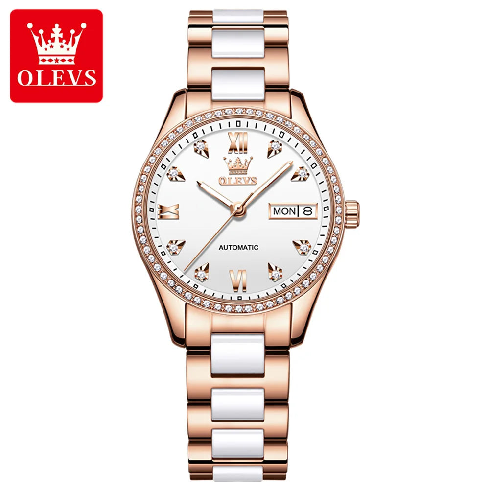 OELVS Women'S Watch Brand Luxury Rose Gold Diamond Automatic Mechanical Watch Elegant Waterproof Ceramic Strap Women'S Watch