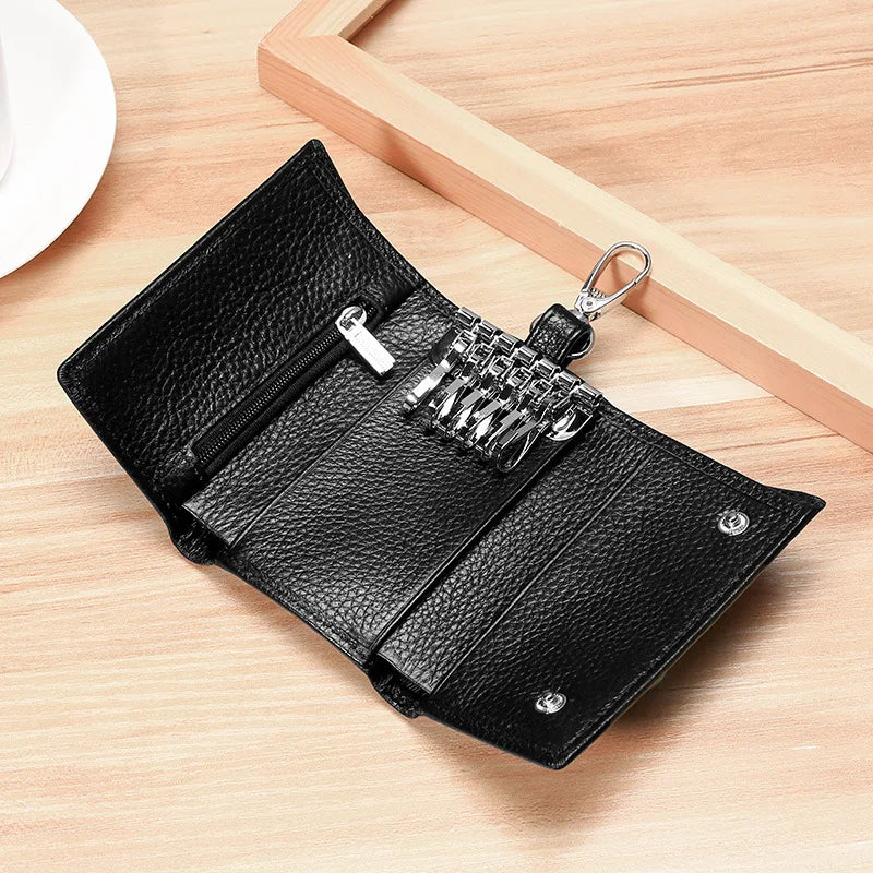 Unisex Genuine Leather Key Holder Wallet - Car/House Key Organizer with Card Slots, Compact Keychain Bag (Gift Ready