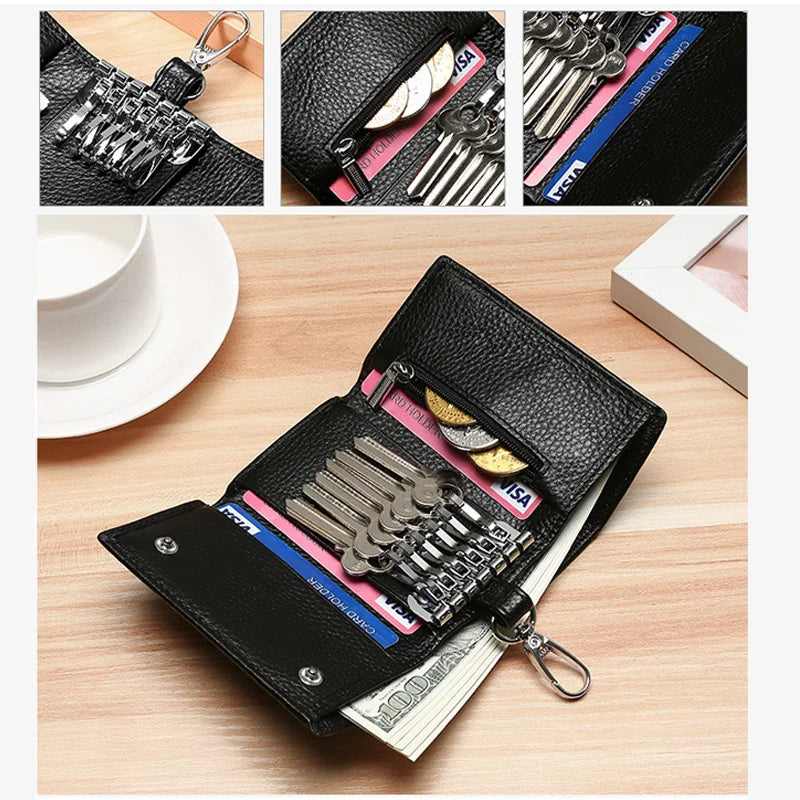 Unisex Genuine Leather Key Holder Wallet - Car/House Key Organizer with Card Slots, Compact Keychain Bag (Gift Ready