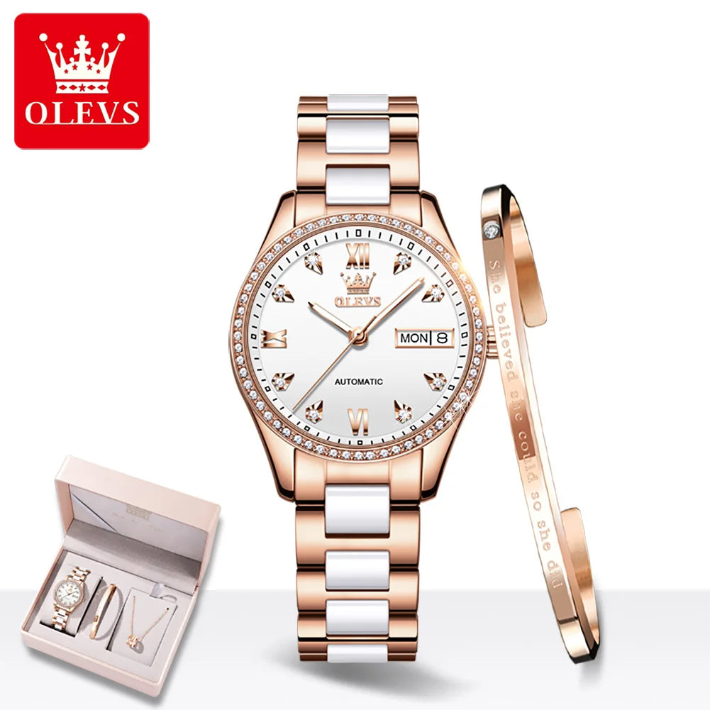 OELVS Women'S Watch Brand Luxury Rose Gold Diamond Automatic Mechanical Watch Elegant Waterproof Ceramic Strap Women'S Watch